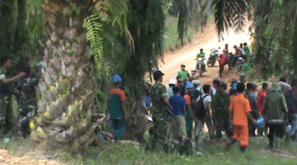 Manifestants encadrés par les militaires dans la plantation d'Asiatic Persada le 5 mars 2014