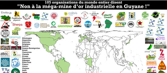 Carte du Monde localisant les 105 organisations s'opposant au projet de mine industrielle Montagne d'Or en Guyane